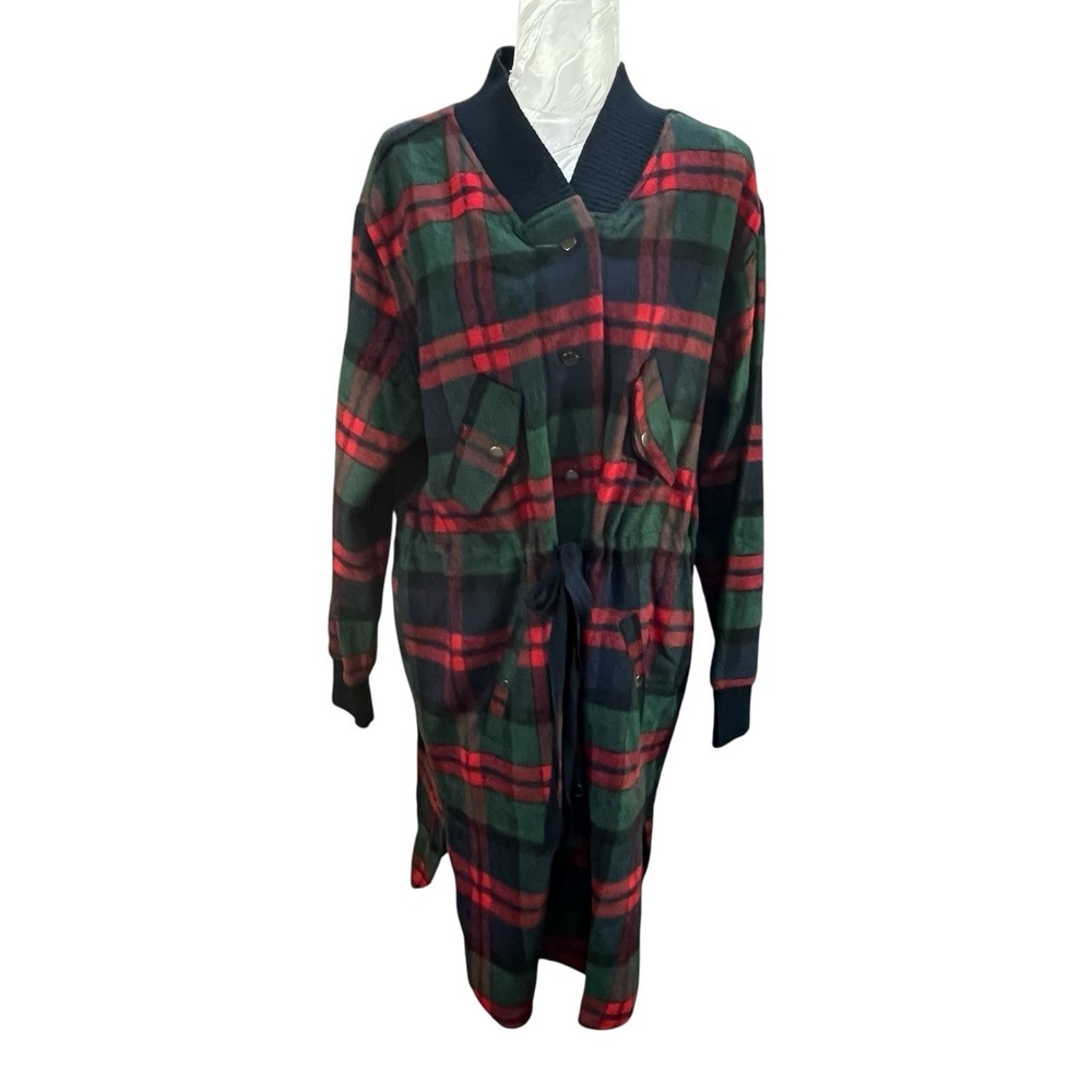 Davi Dani Sz L Plaid Fleece Coat Snap Closure Tie Waist Cool Weather Cozy Grunge